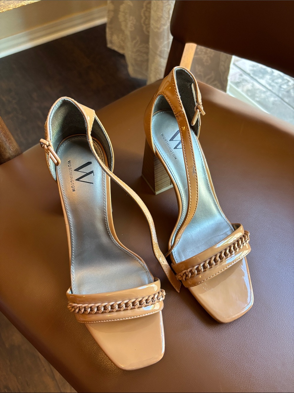 Worthington Tan Patent Block Heel Sandals with Chain Detail - Picture 2 of 4